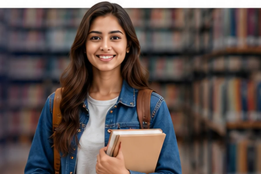 Student holding books in a university library